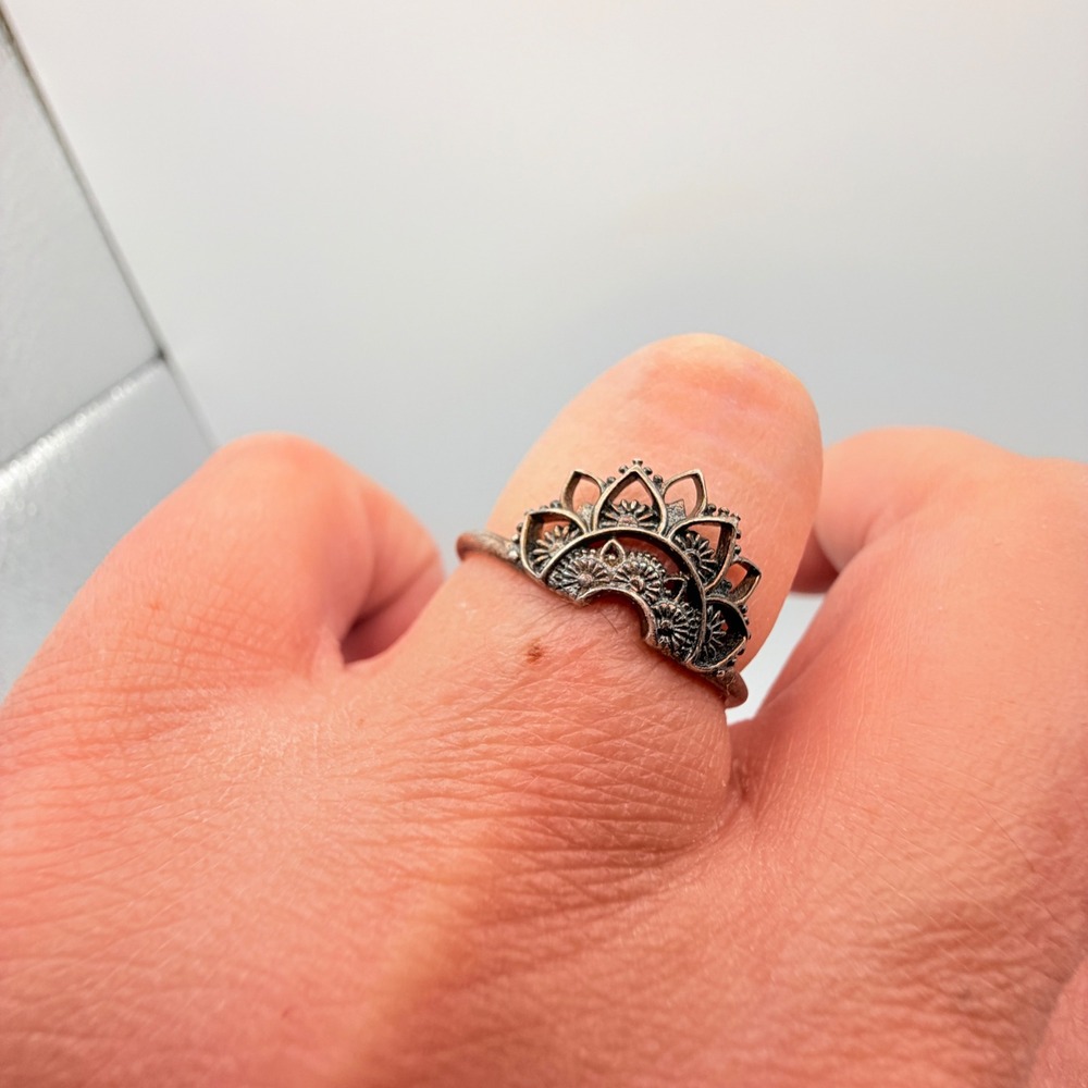 925 Sterling Silver Lotus Mandala Ring Size 6.5 Ornate Boho Statement